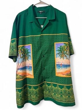 Men's Green Tropical Panel Print Short-Sleeve Button-Down Shirt